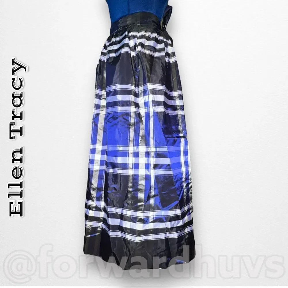 Vintage Ellen Tracy Blue Plaid Silk Taffeta Wrap Skirt Size 13